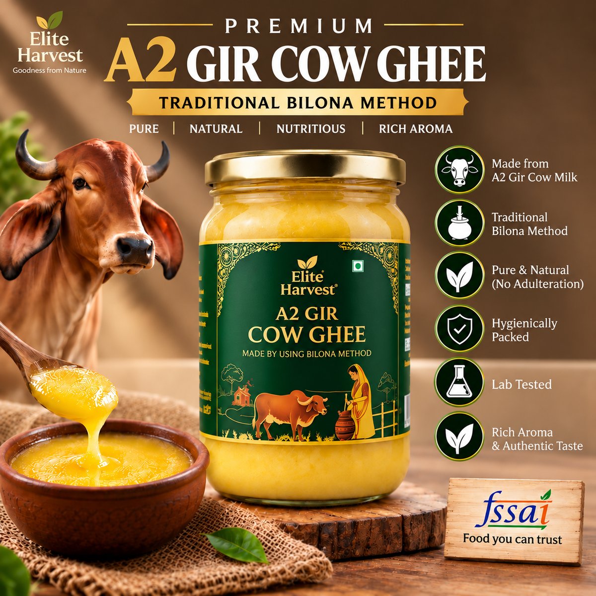 Elite Harvest A2 Gir Cow Ghee 500ml