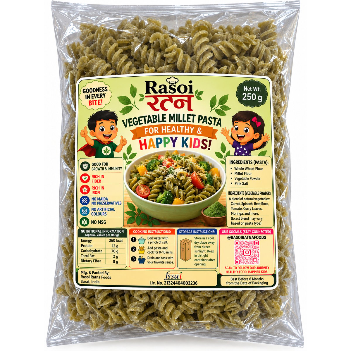 Khapli Wheat Palak Millet pasta with masala packet