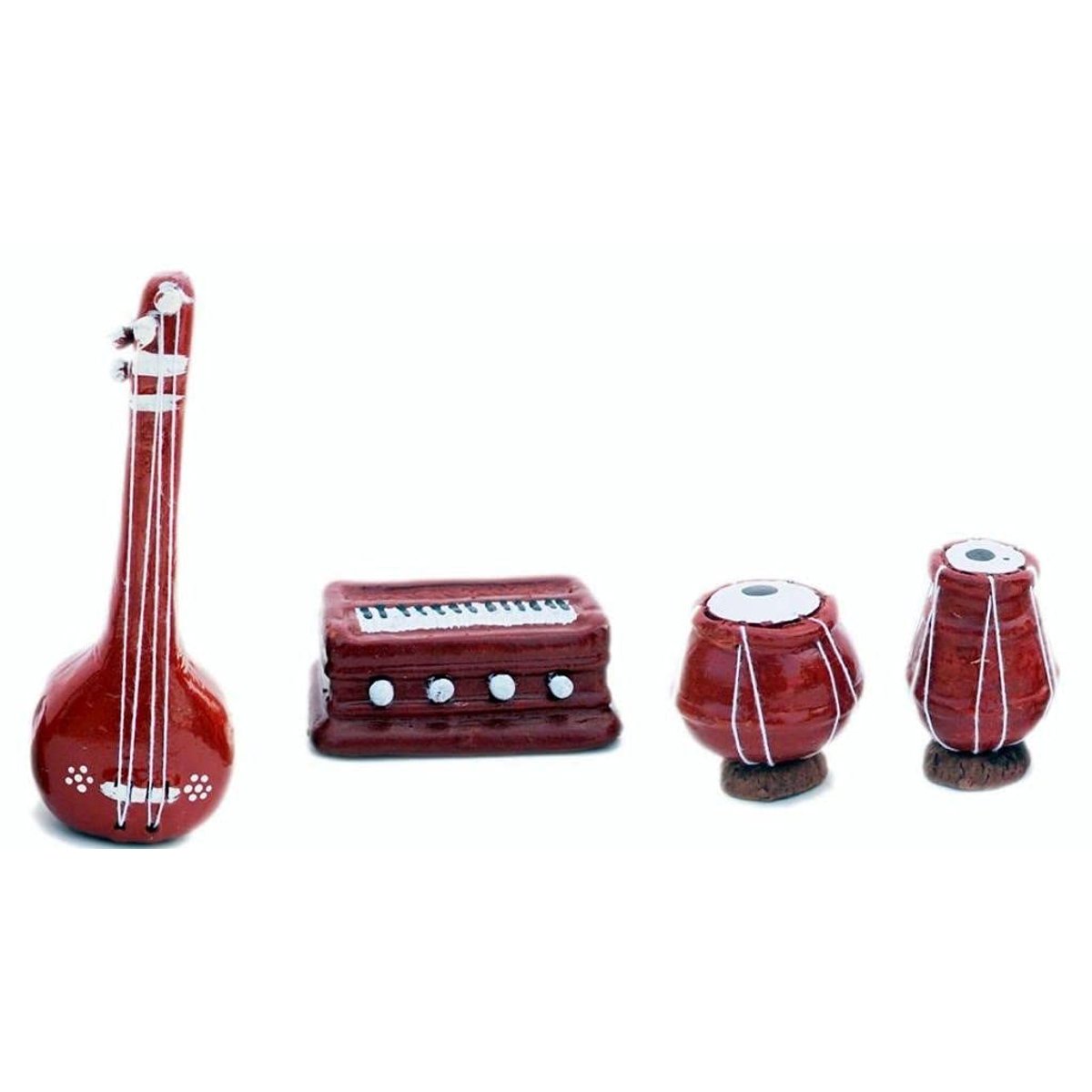 Handcrafted Terracotta Miniature Indian Musical Instrument Set, Harmonium, Tabla and Sitar Figurines, Brown, Decorative Showpiece