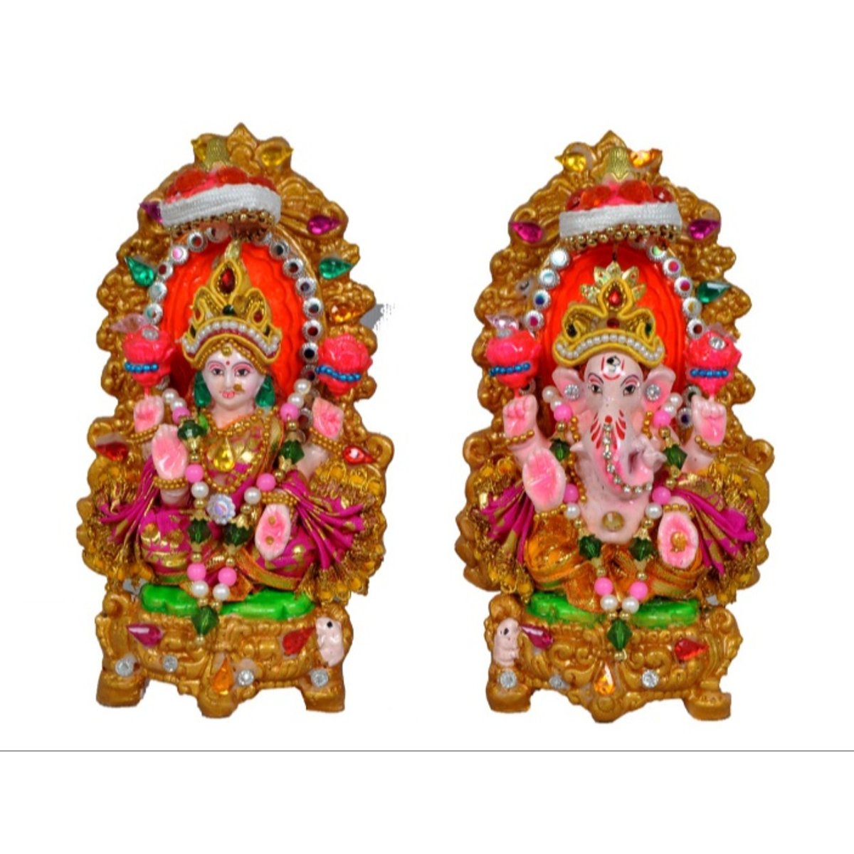 Laxmi Ganesh Idol Diwali Puja | Handmade Clay Terracotta Laxmi Ganesh Idol Figurine Set On Kamal Lotus Singhasan | Lakshmi Ganesha
